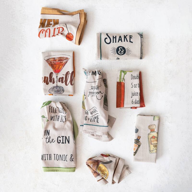 Cotton Printed Tea Towels with Cocktail Recipe Prints - 28.0"L x 18.0"W x 0.3"H