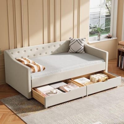 Twin Size Daybed With Drawers Upholstered Tufted Sofa Bed, With Button On Back And Piping On Waved Shape Arms