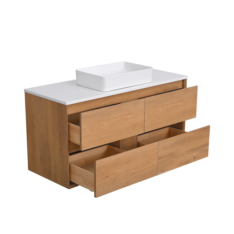 Sylphar 48 inch Toffee Oak Floating Bathroom Vanity with White Quartz Top