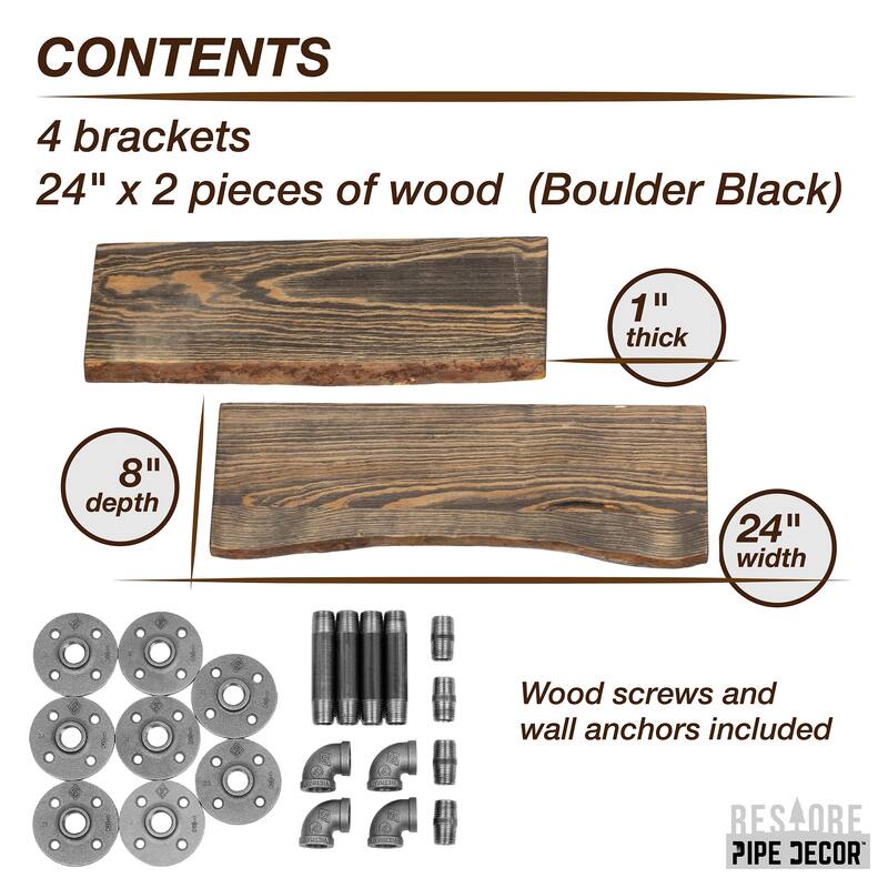 PIPE DECOR Live Edge Reclaimed Wood Shelf with Industrial Pipe Brackets, Set of 2