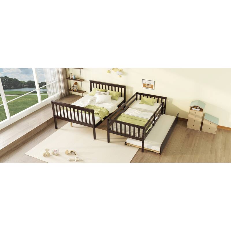 Roomfitters Twin Over Full Rubber Wood Bunk Bed with Trundle, Detachable Convertible Bunk Bed with Ladder and Guardrails