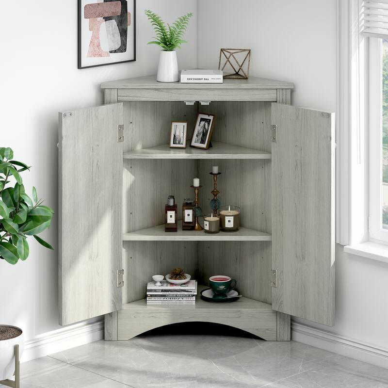 Triangle Corner Storage Cabinet, Freestanding Floor Cabinet, Double Door Bathroom Cabinet with 2 Tier Adjustable Shelves