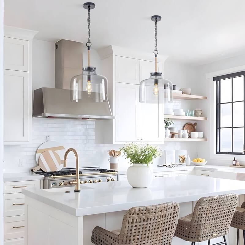 Starsky 1-Light Clear Glass Bell Jar / Cloche Pendant With Rope Accent