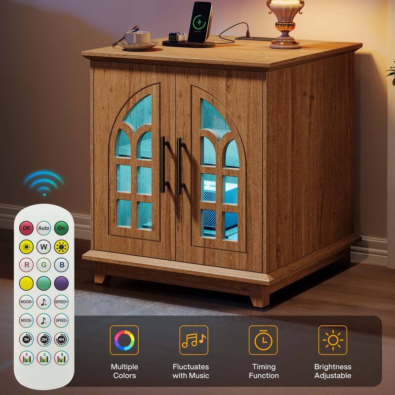 Farmhouse End Side Table with Charging Station & LED Light