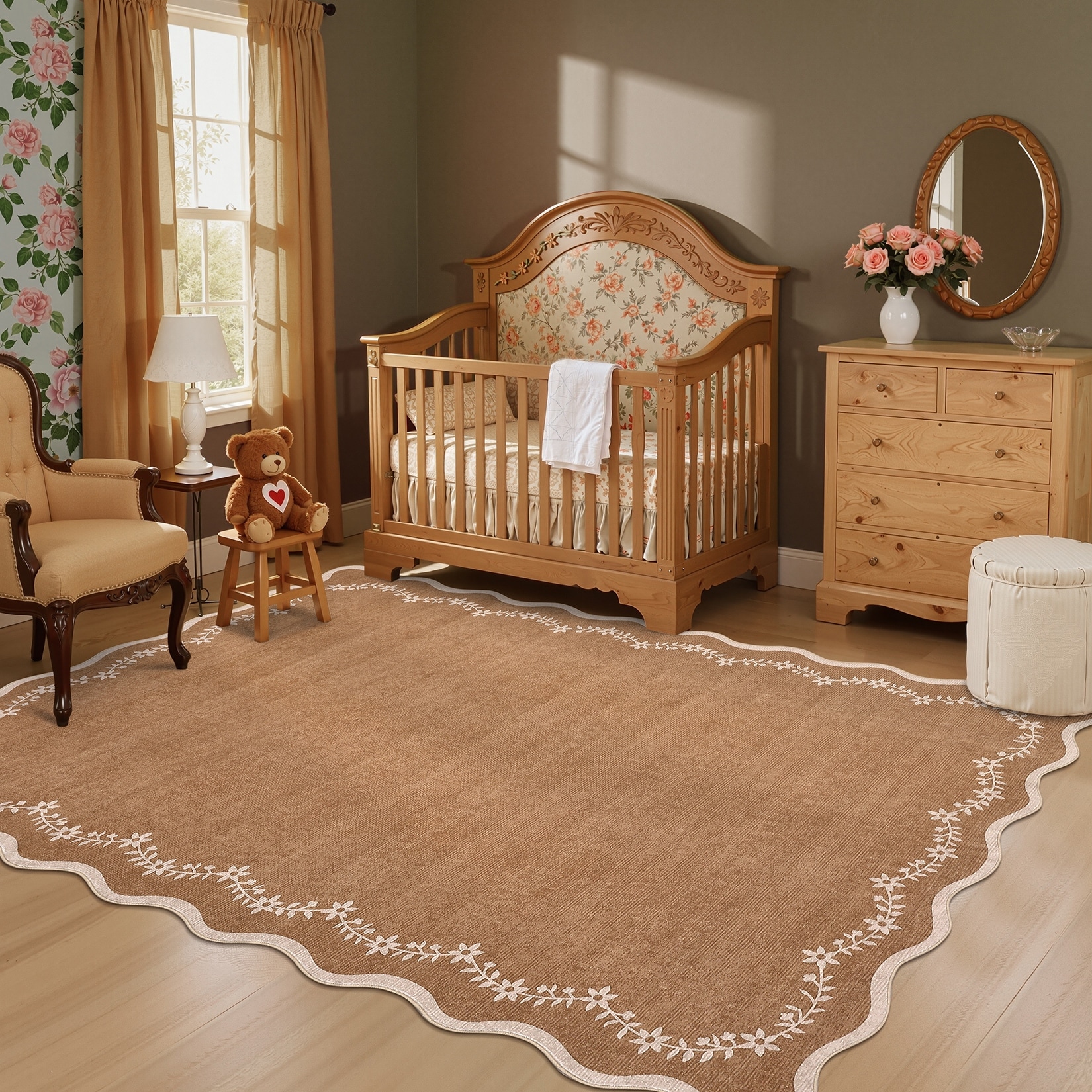 Garvee Scalloped Edge Floral Border Machine Washable Area Rug