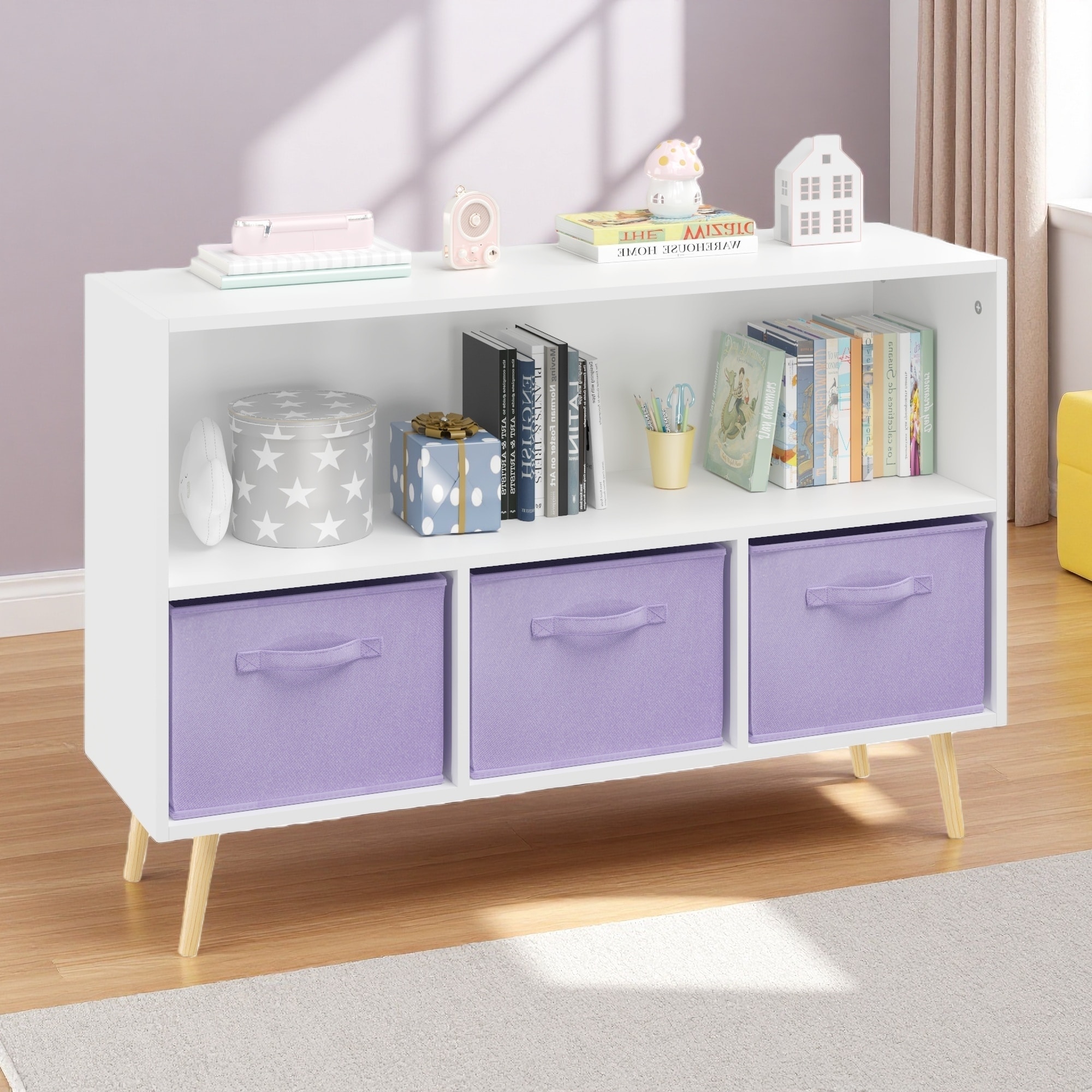 23.62"H Kids Bookcase, MDF Collapsible Drawers, Toy Storage with Safety Buckle