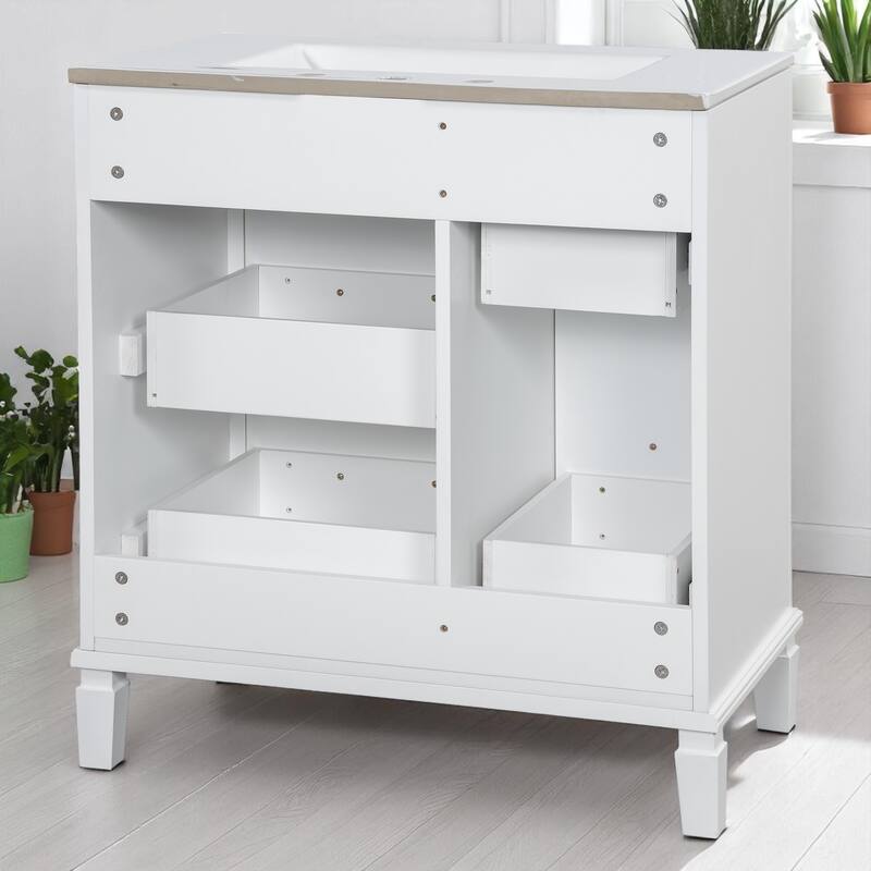 30" Bathroom Vanity with Sink, Freestanding Cabinet with Flip-Out Drawer & Double-Layer Storage, Solid Wood with Ceramic Basin