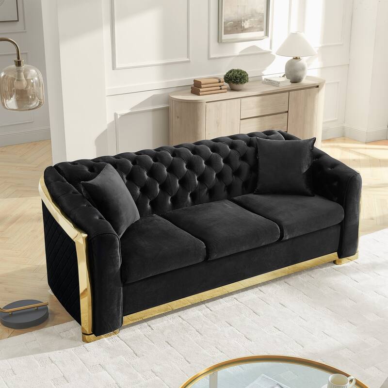 84" 3-Seater Velvet Button Tufted Sofa with Gold Steel Decoration