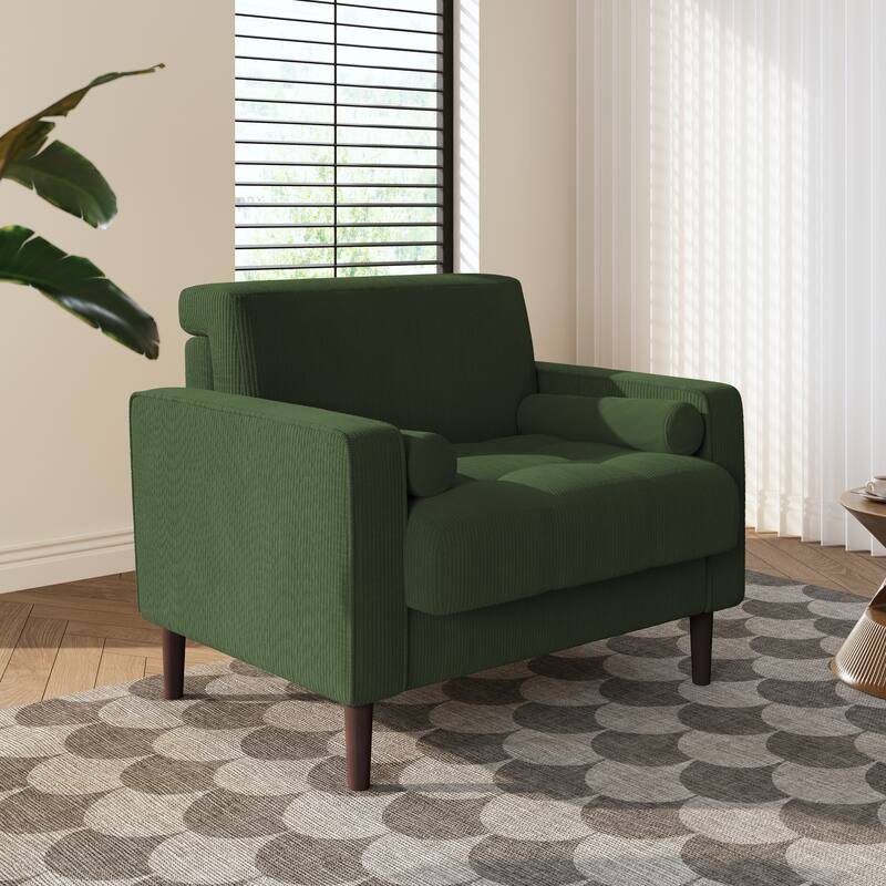 Modern Upholstered Corduroy Wide Armchair with Bolster Pillows