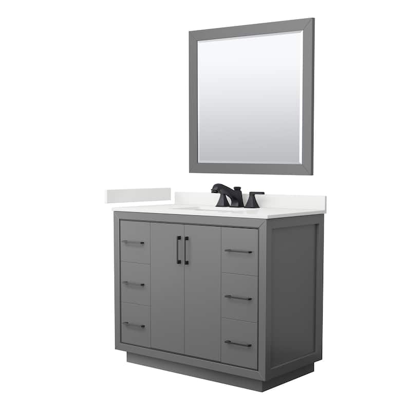Icon 42-inch Single Vanity, Quartz Top, 34-inch Mirror - Dark Gray, Black Trim, White Quartz Top