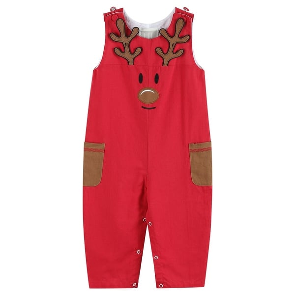 slide 2 of 4, Red Reindeer Pocket Overalls - 3-6M