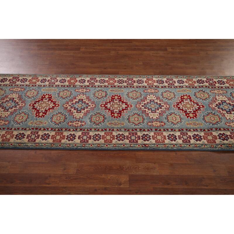 Light Blue Kazak Runner Rug Handmade Geometric Wool Carpet - 2'9" x 16'2"
