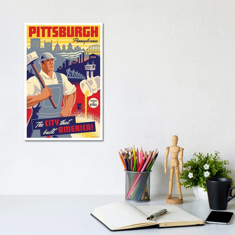 iCanvas "Pittsburgh Steel Worker Travel Poster" by Jim Zahniser Canvas Print - 12x8x0.75