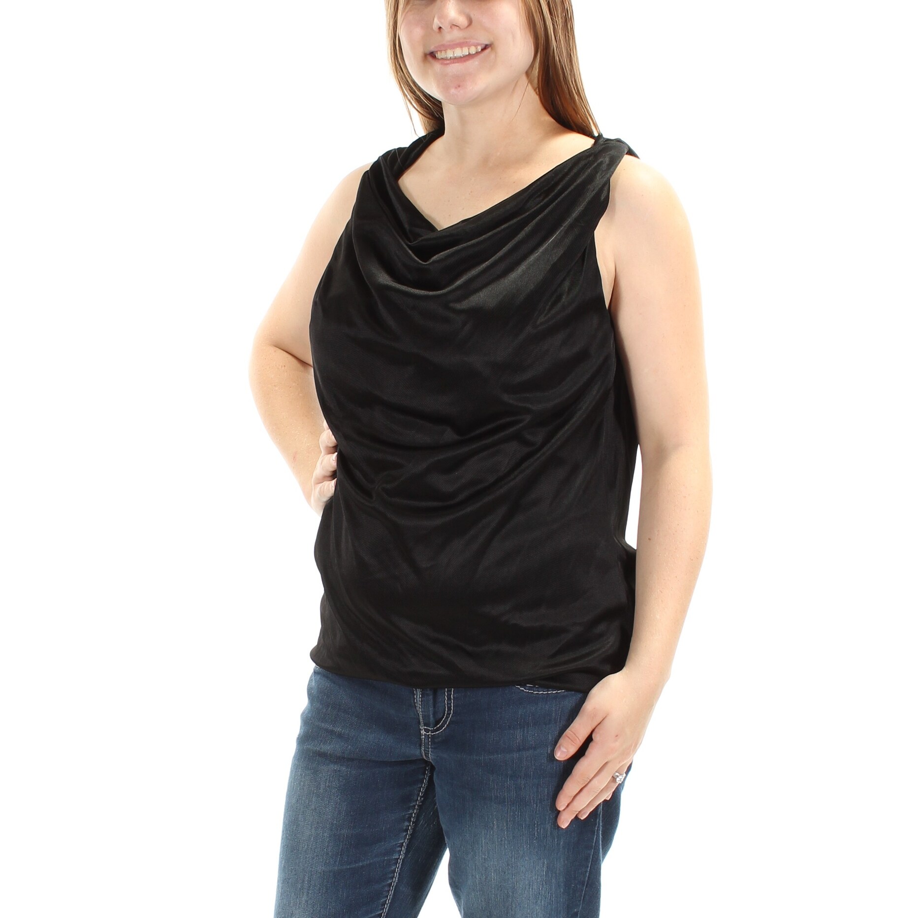 black sleeveless cowl neck top