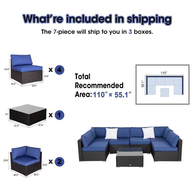 Kinbor Patio Navy Outdoor Wicker Sectional Sofa Conversation Set - 7-PIECE SECTIONAL