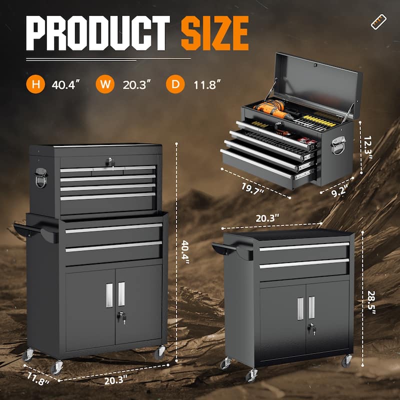 8-Drawer 2 in 1 Rolling Tool Chest Cabinet Garage Storage Toolbox with Detachable Top Tool Box and Universal Lockable Wheels