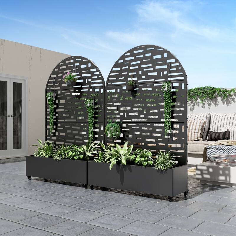 Metal Movable Planter Box with Trellis Privacy Screen Planter Box with Lockable Wheels