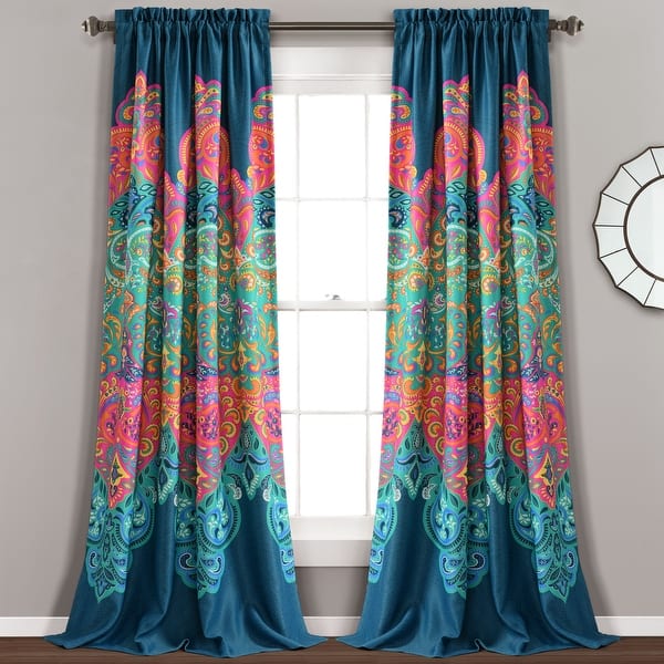 slide 2 of 11, Lush Decor Boho Chic Room Darkening Window Curtain Panel Pair 84 Inches - Turquoise & Navy