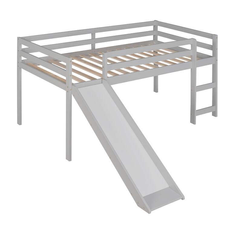 Multifunctional Twin Loft Bed with Slide, Gray Finish, Solid Pine Construction