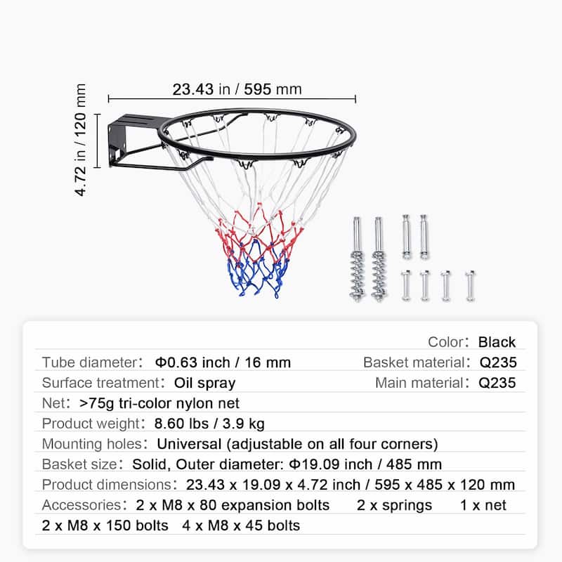 Black Heavy-Duty Wall Door Mounted Basketball Hoop with Net and Double Spring Suitable for Indoor or Outdoor Play