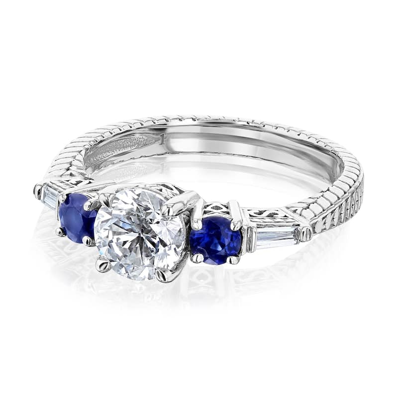 Kobelli 1.63 Carats Natural Diamond & Blue Sapphire Solid Gold 3-Stone Engagement Twill Ring