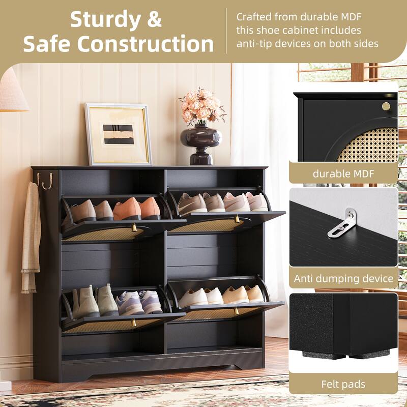 Tipping Bucket Shoe Cabinet with 4 Flip Drawers,Entryway Shoe Organizer with 4 Rattan Doors,with 2 Silvery Hooks