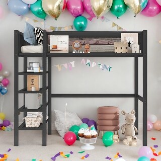 Modern Twin Size Loft Bed with 4-Tier Shelves and Storage and 4-step Ladder for Bedroom