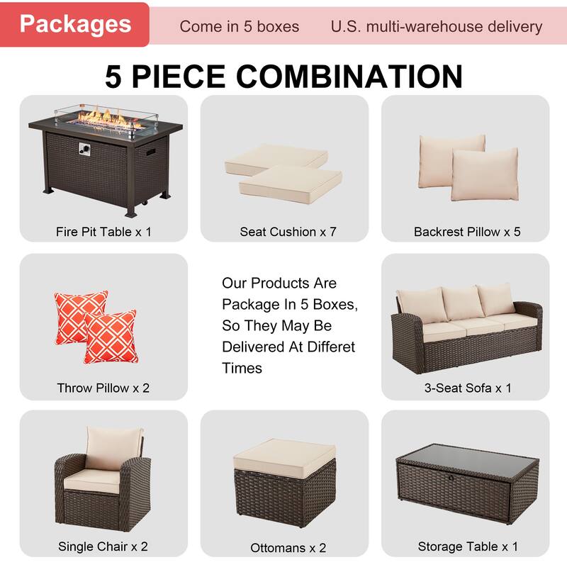 6-Piece Rattan Patio Set with Fire Pit Table, Outdoor Conversation Set with Cushions, Weather-Resistant Sofa Sectional