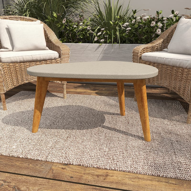 Gray Concrete Inspired Oval End Table Outdoor Accent Table with Brown Tapered Wood Legs