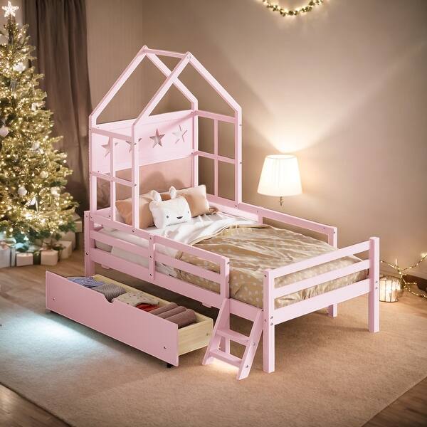 slide 2 of 15, Wood Twin Size House Platform Bed with Guardrail and One Drawer for Storage Pink