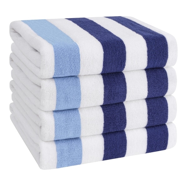 American Soft Linen,100% Cotton 4 Pack Beach Towels, 30 x 60 Cabana Striped Pool Towels - Navy Blue Sky Blue