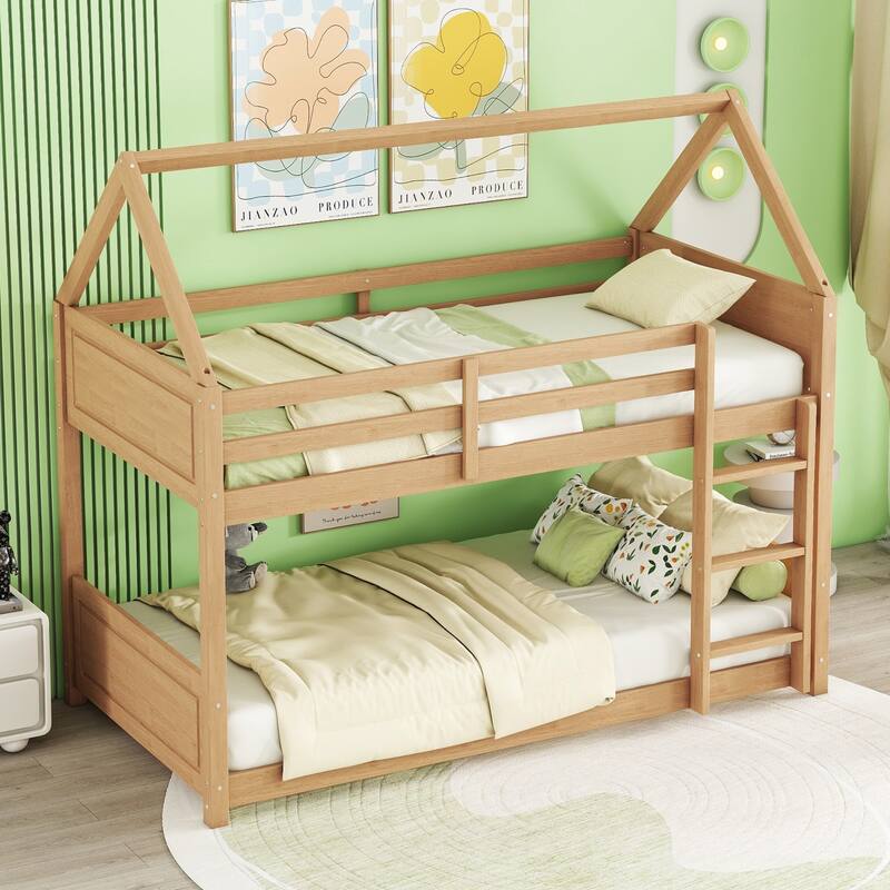 Twin Over Twin House Floor Bunk Bed with Headboards, Footboards, Guardrails, and Ladder, White Oak
