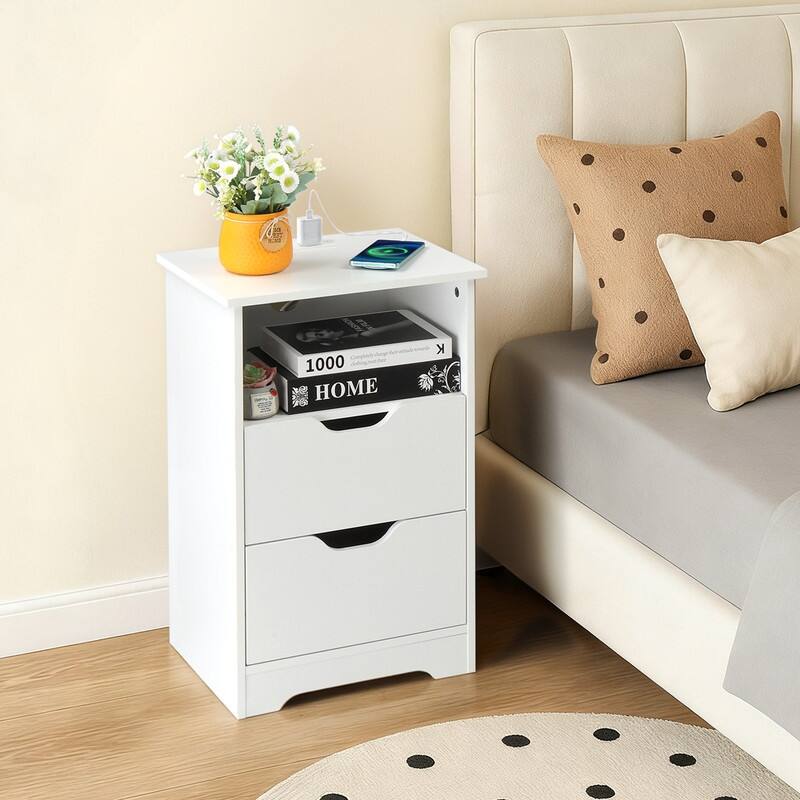 15.7"W Nightstand, P2 Particleboard, Matte Melamine, Handleless, 2 Drawers, US Outlet