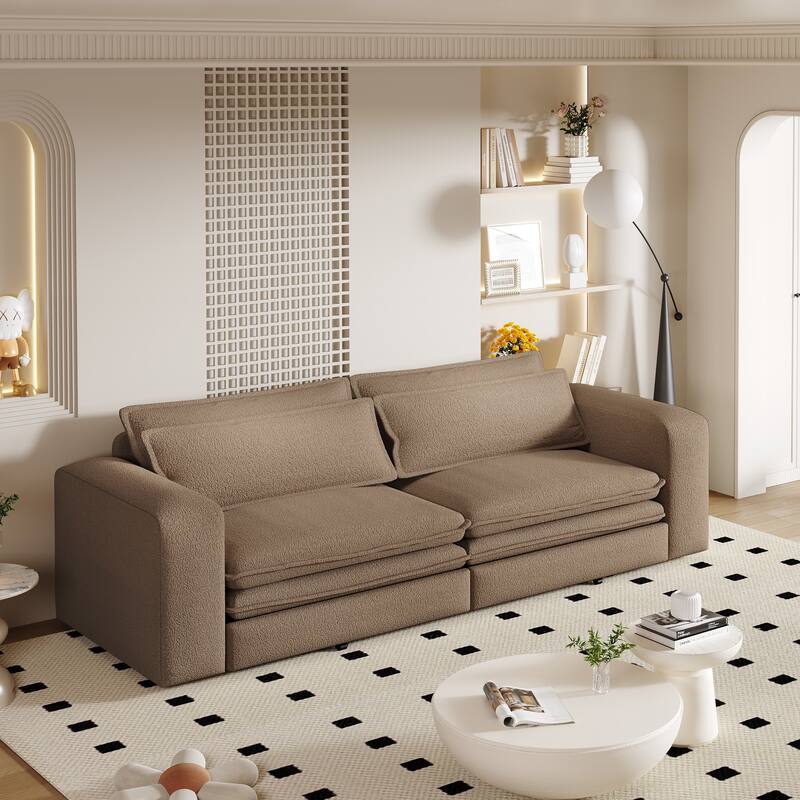 93" 3-in-1 Convertible Sleeper Sofa Bed, Pull-Out Sofa with Chaise Lounge, Teddy Fabric Loveseat Couch with 2 Lumbar Pillows - Camel