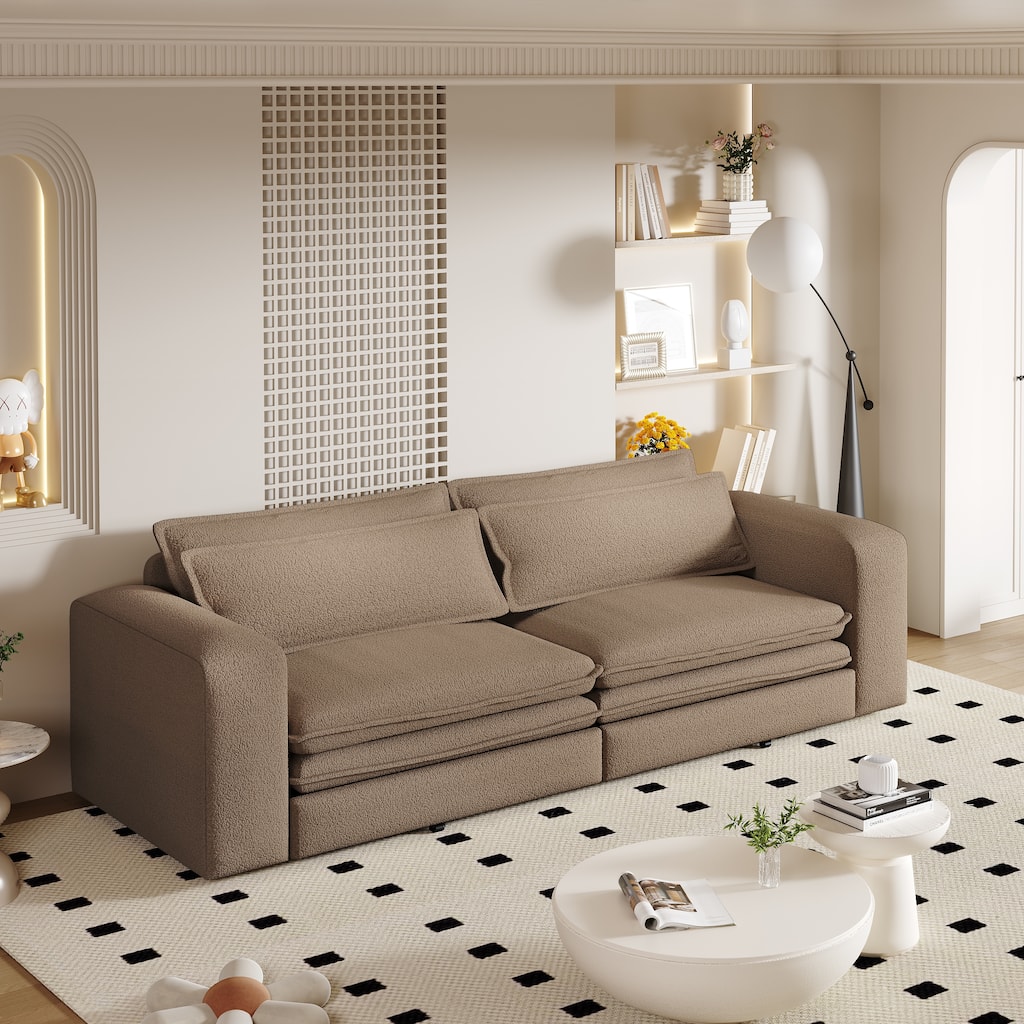 93" 3-in-1 Convertible Sleeper Sofa Bed, Pull-Out Sofa with Chaise Lounge, Teddy Fabric Loveseat Couch with 2 Lumbar Pillows