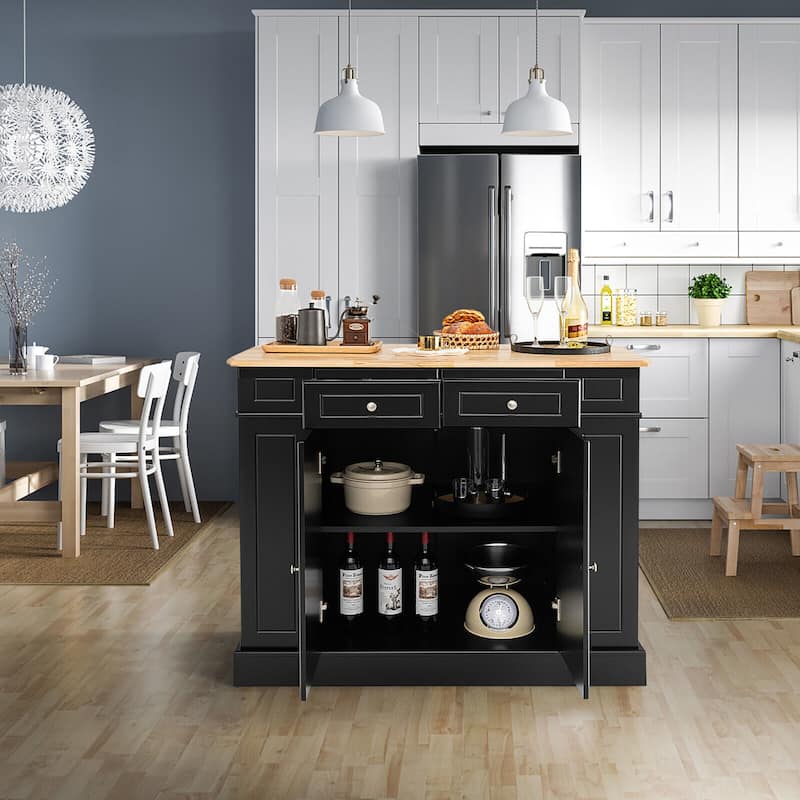 Gymax Large Kitchen Island Drop Leaf Breakfast Bar w/ Wood Top Shelves