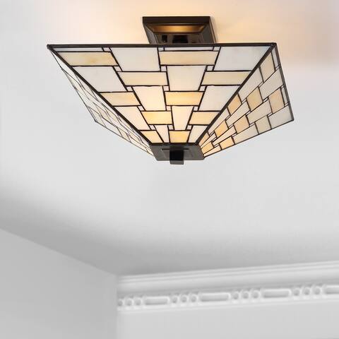 Jennifer 15.7" Tiffany-Style Glass/Metal LED Semi-Flush Mount, White/Cream by JONATHAN Y