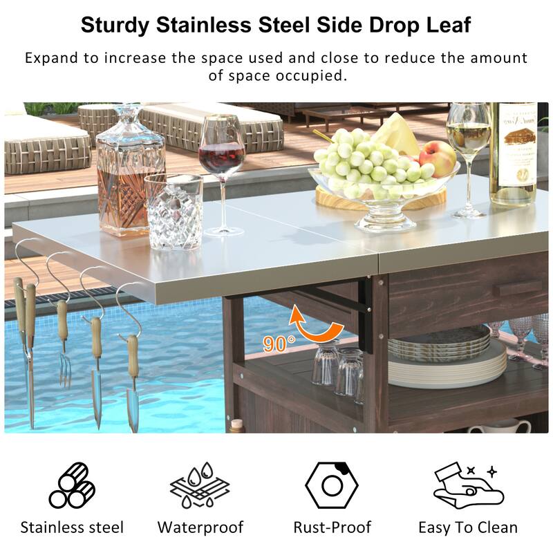 40.5" Outdoor Grill Cart with Stainless Steel Top, Drop Leaf, One Drawer, Towel Rack, Rolling Kitchen Cart with Lockable Wheels