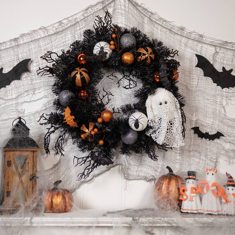 Orange Ornaments and Ghost Halloween Pine Wreath 24-Inch Unlit