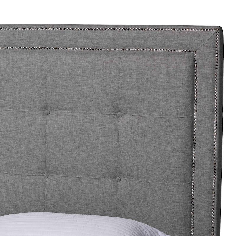Baxton Studio Hirst Grey Linen Bed with Upholstered Headboard
