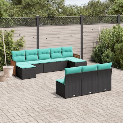 vidaXL 10 Piece Patio Sofa Set with Cushions Black Poly Rattan