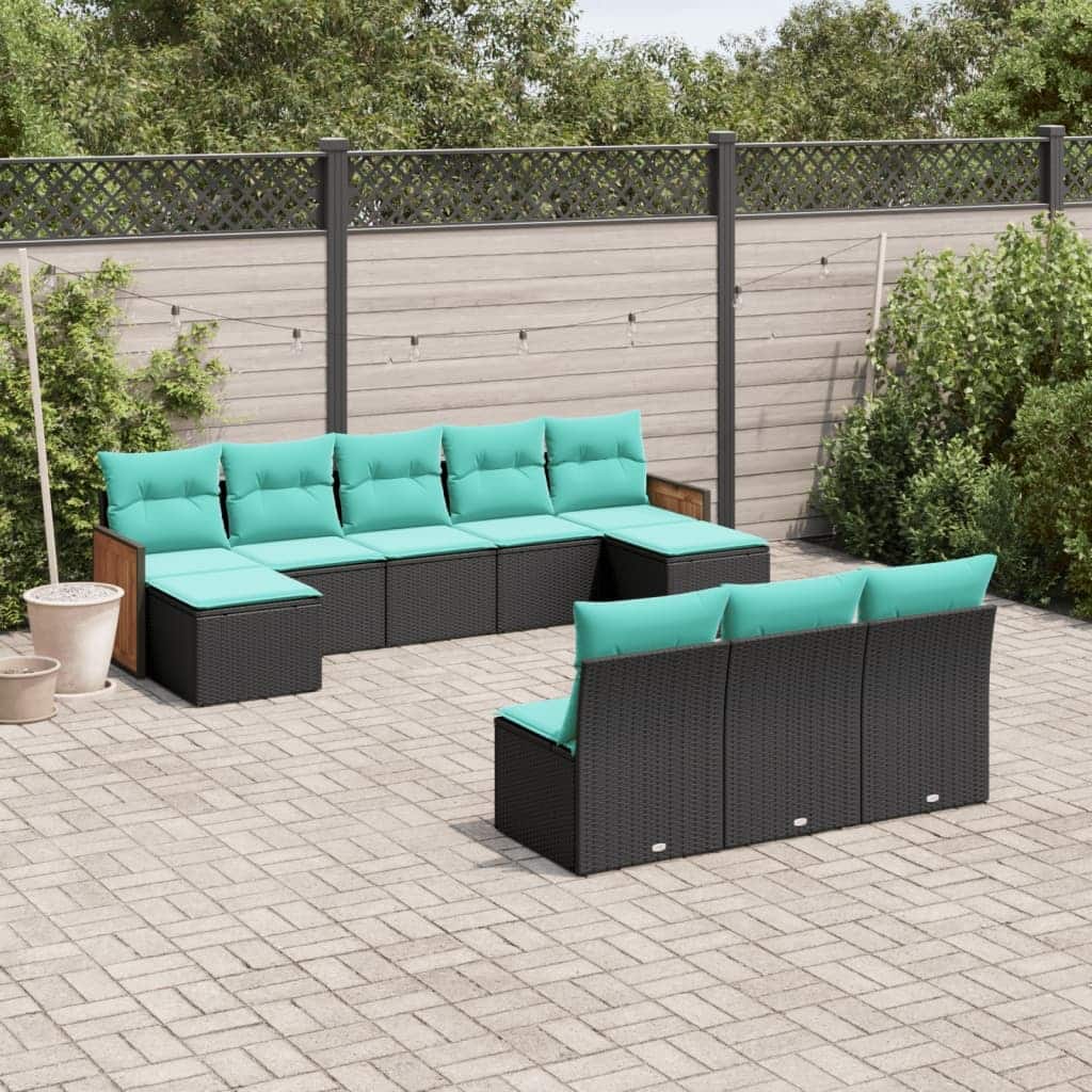 vidaXL 10 Piece Patio Sofa Set with Cushions Black Poly Rattan