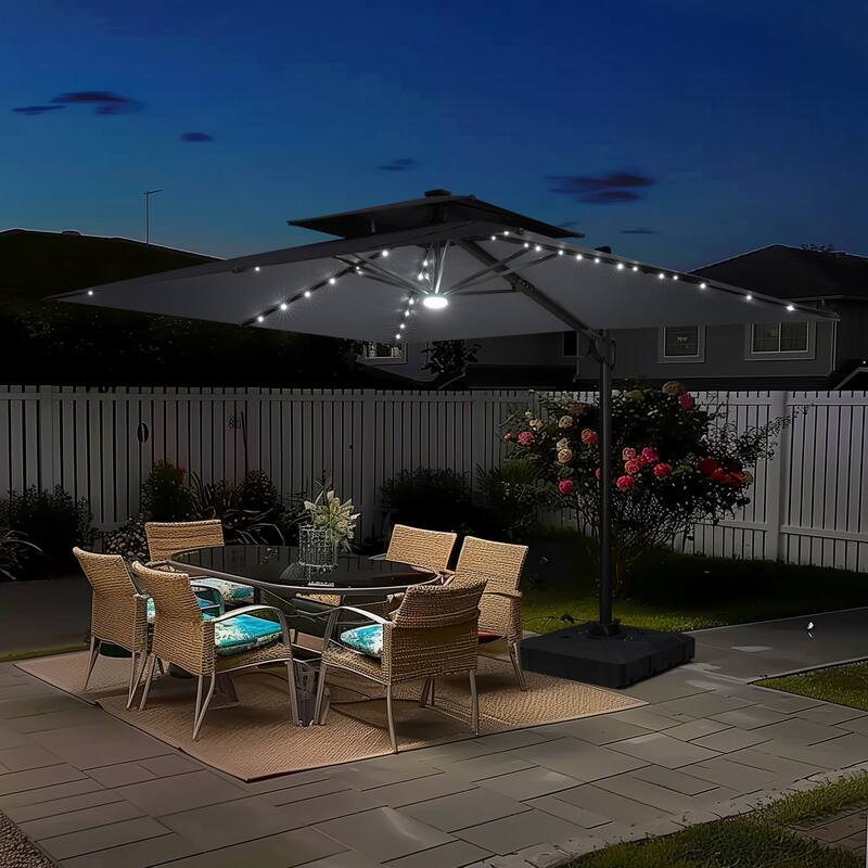 9 x 11 FT Outdoor Double Top LED Lighted Patio Cantilever Umbrella with Base Stand