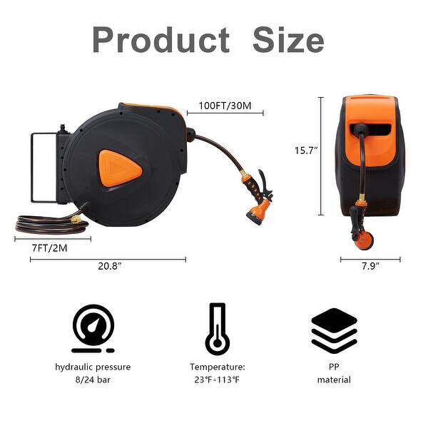 Retractable Garden Hose Reel with 100FT Water Hose, Wall Mount & 180