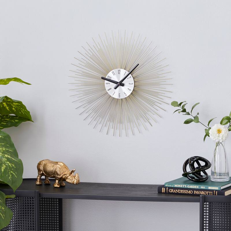 Gold Metal Starburst Decorative Wall Clock with Black Accents