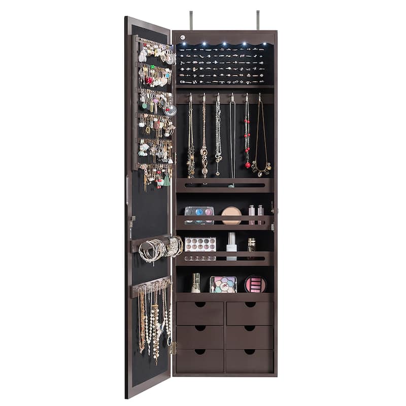 Wall Door Mounted LED Mirror Jewelry Cabinet Lockable Armoire - Brown