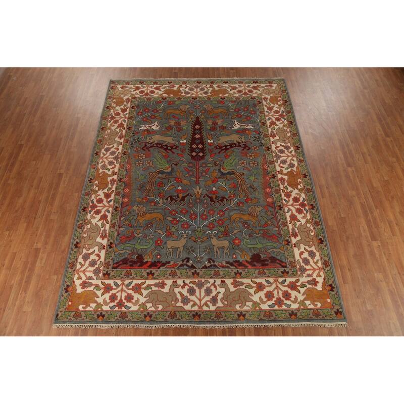 Hunting Animals Design Ziegler Indian Rug Handmade Gray Wool Carpet - 8'11"x 11'8"
