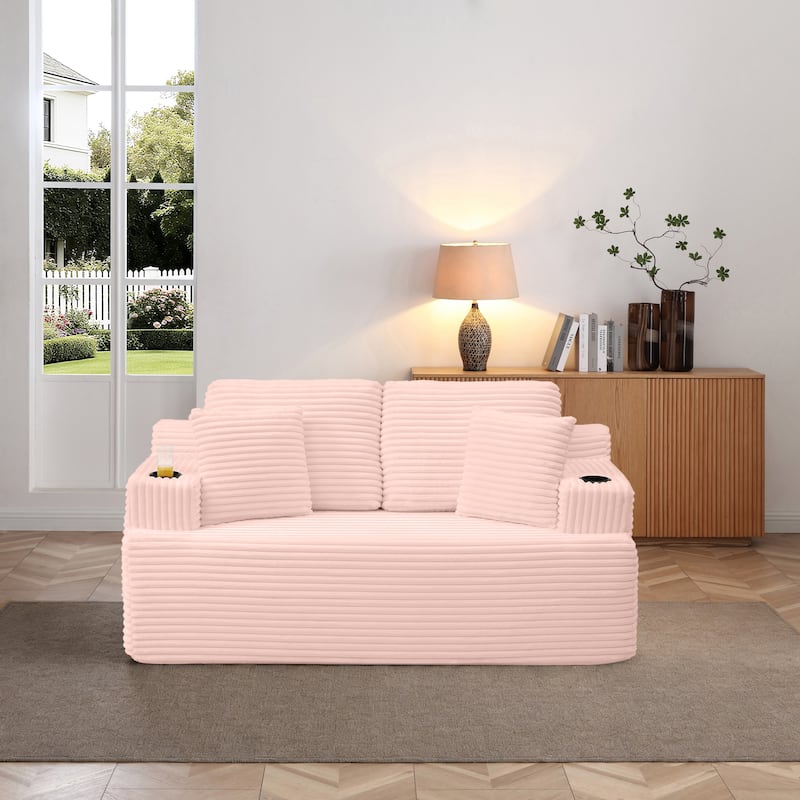 66.5'' Boneless Sofa Couch with 2 Pillows, 2 Seater Sofa Couch Upholstered Loveseat with Side Pocket, Pink - Pink