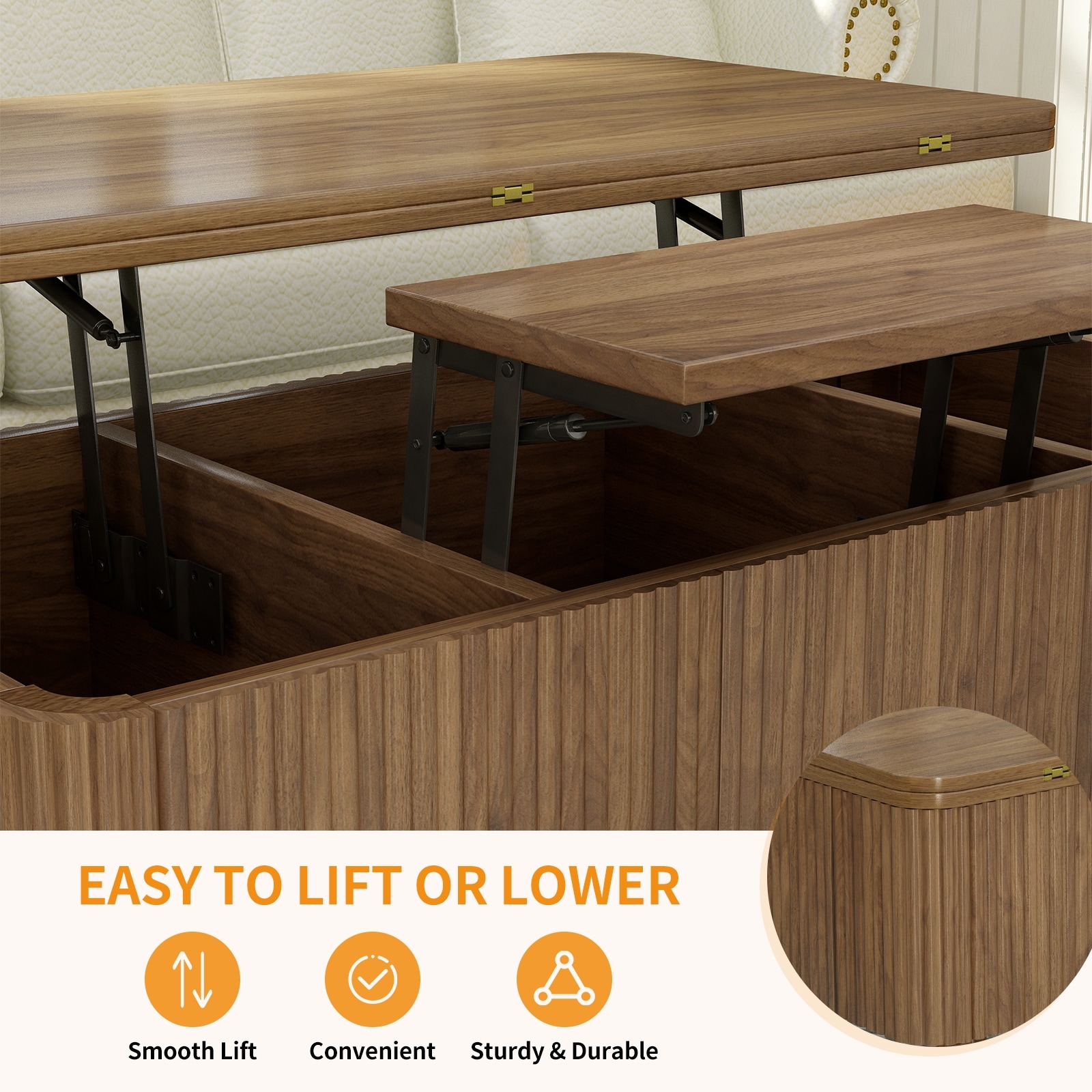 3 in 1 Lift Top Coffee Table, Fluted Convertible Coffee Tables