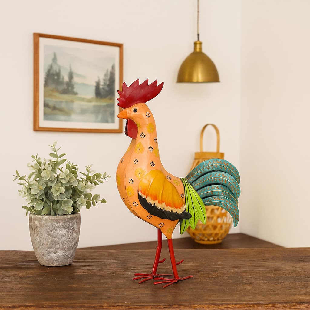 Decorative Painted Metal Rooster Figurine, Multicolor Metal, 23 Inch